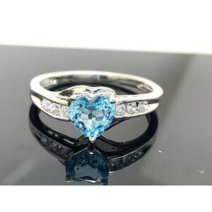 Heart Shape Blue Clear Gemstone Cocktail Ring 10k White Gold Women's Size 7
